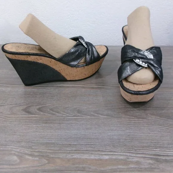 Near New GUESS Balasi Shimmery Black Silver Rhinestone Wedge Platform Shoes 9.5 - Picture 3 of 16